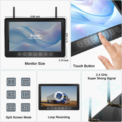 Fookoo HD 1080P 9" Magnetic Wireless Backup Camera,9" IPS Monitor, Rechargeable 2 Side View 2 Rear View Cameras, 1-Min Easy Install, Long Battery Life No Drilling IR Light for RV Truck Trailer DCX904