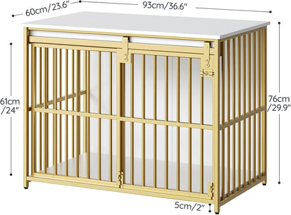 HOOBRO Dog Crate Furniture, 36.6" Heavy Duty Dog Kennel with Sliding Barn Door, Wooden Dog Cage Indoor, Decorative Side End Table for Small/Medium Dogs, White and Gold GD162GW03G1