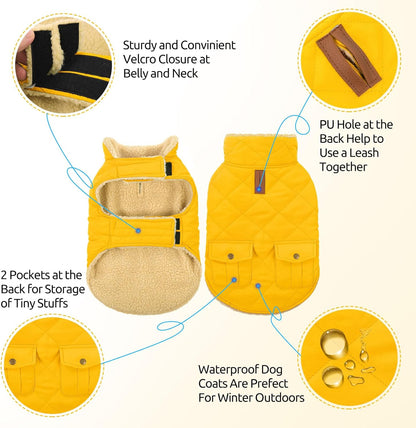 Queenmore Dog Winter Coat Warm Puffer Jacket Waterproof Plush Lining Thermal Cold Weather Vest for Small Medium Large Dogs, Windproof Easy On Pet Jacket Yellow L