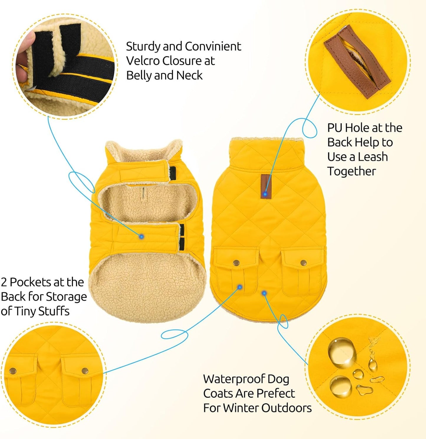 Queenmore Dog Winter Coat Warm Puffer Jacket Waterproof Plush Lining Thermal Cold Weather Vest for Small Medium Large Dogs, Windproof Easy On Pet Jacket Yellow M