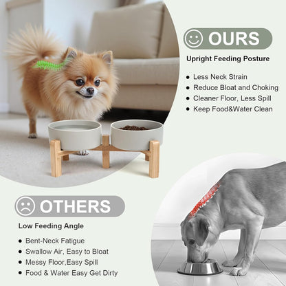 SPUNKYJUNKY Elevated Dog Bowls Ceramic, 5.1'' Dogs and Cat Food Water Bowls Raised with Non-Slip Bamboo Stand for Puppy Small Sized Breed Microwave Dishwasher Safe - 13.5 OZ,Grey