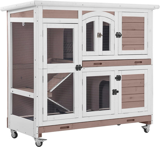 Aivituvin Rabbit Hutch Indoor, Bunny Cage with Wheels, 2-Story Design, 2 Deep Trays, Anti Slip Ramp, Ideal for Small Animals - Brown