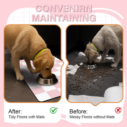 Cat Food Mat - 12"x 20" Cat Dog Mats for Food and Water Bowl, Checkered Pet Placemat Feeding Mat, Non-Slip Under Pet Bowls Mats for Messy Drinkers, Pink & White