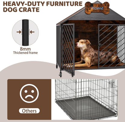 Furniture-Style Dog Crate with Gable Roof Design, Double Locking Doors Indoor Kennel for Small & Medium Dogs, Chew-Proof Escape-Proof Dog Cage, Rustic Brown