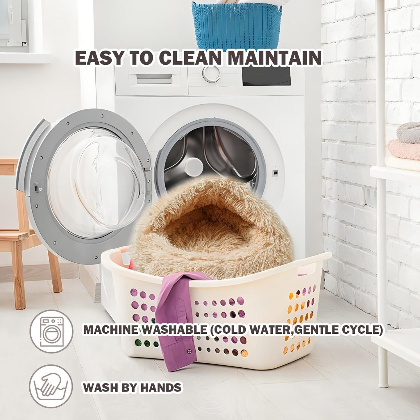 Cat Bed for Indoor Cats, Calming Cozy Cave with Self-Warming Plush, Entire Bed Machine Washable & Anti-Slip Base, Breathable Pet Bed for Small Cats&Dogs All Seasons (Apricot Color, 24 * 24inch)