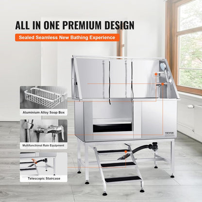 VEVOR 50" Pet Dog Bathing Station w/Stairs, Professional Stainless Steel Dog Grooming Tub w/Soap Box, Faucet,Rich Accessory, Dog Bathtub for Large,Medium,Small Pets, Washing Sink for Home Left