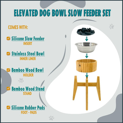 Slow Feeder Dog Bowls for Large Breed - Elevated, Raised 12-inch High - Bamboo Bowl with [60-oz Cap] Stainless Steel Inner Dish, Slow Feeding Insert Pad and Single Stand