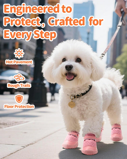 Dog Shoes for Small Dogs, Double Binding Straps Puppy Boots & Paw Protectors for Summer Hot Pavement, Winter Snow, Dog Booties with Anti-Slip Rubber Soles for Beach Hardwood Floor Pink Size 3