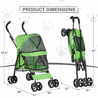 MoNiBloom 4 Wheels Pet Stroller, Easy-Fold Umbrella Shaped Dog Cat Jogger Stroller w/Storage Bag & Visible Mesh for Small/Medium Dogs Cats Lawn Green Polka Dots