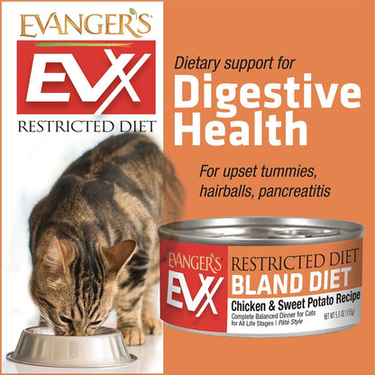 Evanger's EVX Restricted Diet Bland Diet Canned Cat Food – 24 Count, 5.5 oz Each – Chicken & Sweet Potato Recipe with Prebiotics & Postbiotics for Digestive, Microbiome & Gut Health Support