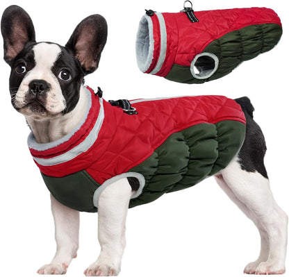 FUAMEY Dog Coat for Small Dogs,Waterproof Dog Winter Jacket with Harness Built in Puppy Cold Weather Coats Reflective Pet Vest with Zipper Warm Fleece Dogs Snowsuit Windproof Christmas XS