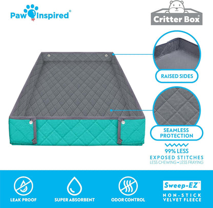 Paw Inspired Critter Box Washable Cage Liner, Reversible Fleece Bedding with Raised Sides for Guinea Pigs and Other Small Animals (2x4 (12" Grids), Gray/Green)