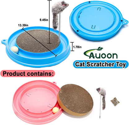 AUOON Cat Scratcher Toy - Cat Scratch Pad with Cat Toy Ball Track and Plush Mouse Toy for Indoor Cats and Kittens (Blue)