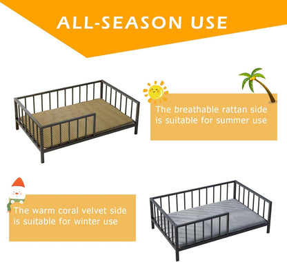 Dog Bed with Rails - Elevated Pet Metal Bed Frame with Solid Wood Board and Washable Soft Mat for Medium Dog Indoor or Outdoor Use, 25.2" x 37.8", Black