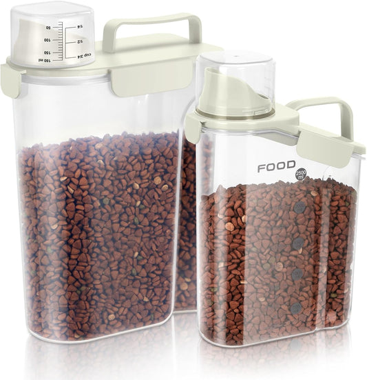 Dog Food Storage Container, Upgraded Large Nozzle BPA-free, 8-12 LBS Plastic Pet Food Storage Containers, With 4 Sealed Clasps, 1 Measuring Cup and Handle (2, Beige (3L+5L), (3L+5L))