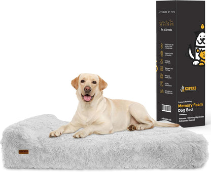 KOPEKS Orthopedic Memory Foam Dog Bed 7" Inch Thick Extra Large Dog Bed with Pillow Fluffy Grey 50"x34"x10" Includes Waterproof Liner & Durable Removable Cover with Smart Design