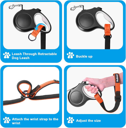 PetBonus Short Dog Leash, Safety Wrist Strap for Retractable Dog Leash, Reflective Design and Adjustable Soft Padded Handle, Extra Layer Security for Pet Stroller (Orange)