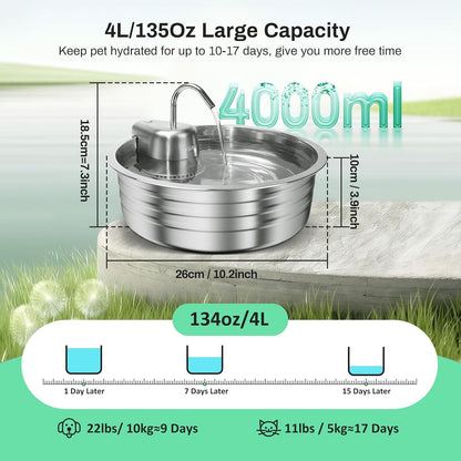 Cat Water Fountain, 4L/135OZ Stainless Steel Pet Fountain Dog Water Dispenser with 3 Filters & 3 Sponges, Dog Water Bowl Cat Drinking Fountains Watering Supplies with Ultra-Quiet Pump for Pets Indoor