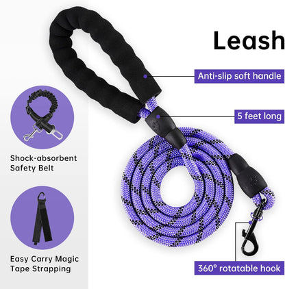 IVY&LANE No Pull Dog Harness for Large Dogs, Dog Vest Harness with Leash, Safety Belt and Storage Strap, Fully Adjustable Harness, 360° Reflective Strip, Soft Handle (Purple, L)
