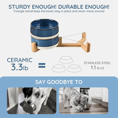 SPUNKYJUNKY Ceramic Dog and Cat Bowl Set with Wooden Stand, Modern Cute Weighted Food Water Bowl Set for Small Size Dogs (1.7 Cups, 2 × Pattern Blue)