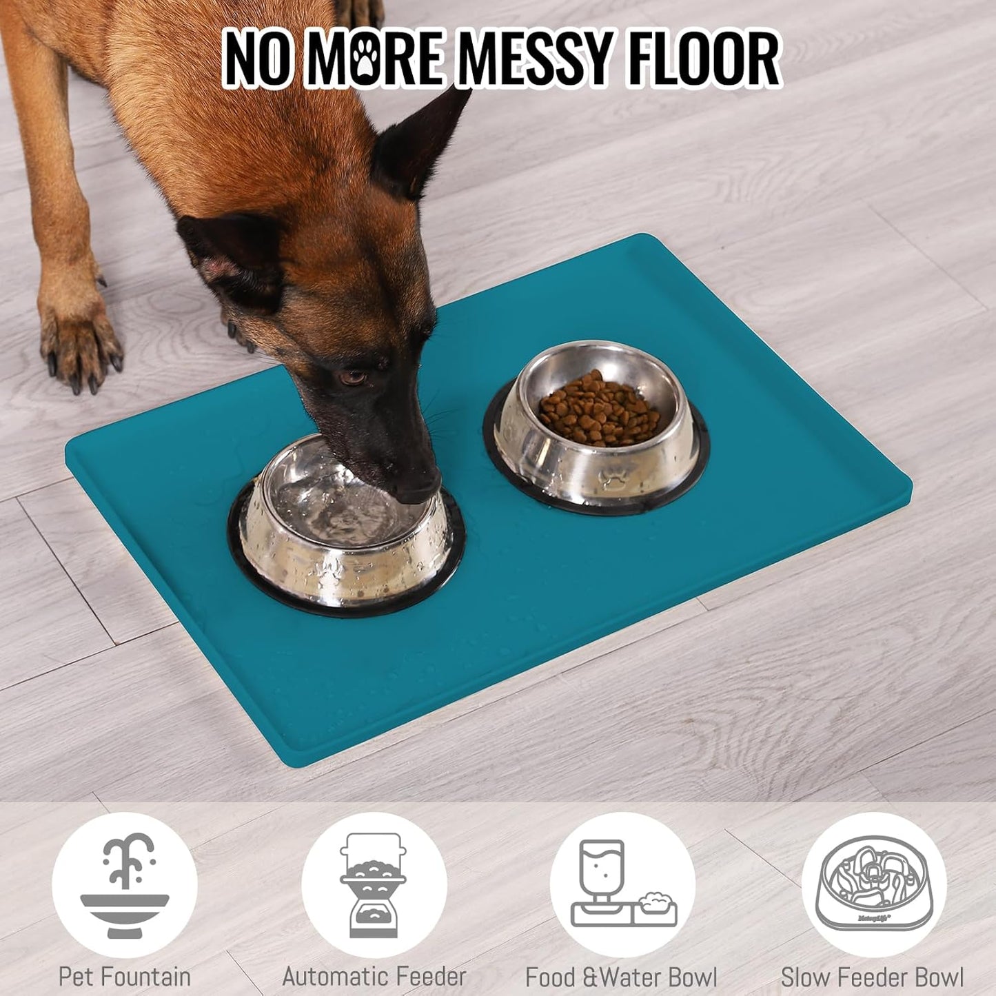 MateeyLife Dog & Cat Food Mat, Waterproof & Nonslip Silicone Feeding Mats for Dogs and Cats, Raised Edge Tray for Messy Drinkers, 24"x16", Teal