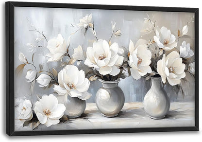 Large Farmhouse Floral Wall Art for Living Room, Framed Oversized White Flower Vase Wall Decor Grey Floral Canvas Painting Pictures Modern Artwork for Bathroom Bedroom Office Dining Room 36"x24"