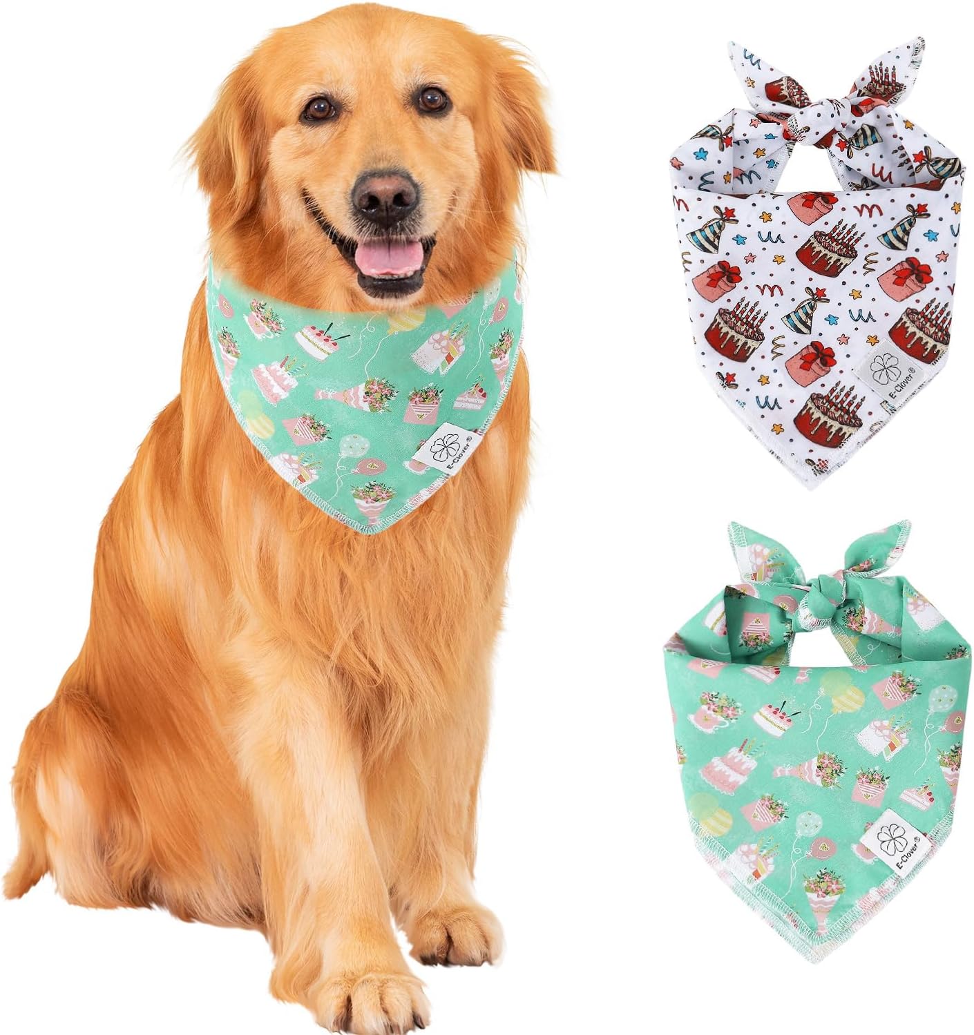 E-Clover Dog Birthday Cake Dog Bandanas White Green Scarf for Dogs Boy Girl Cute Costumes Accessories for Medium Large Dogs