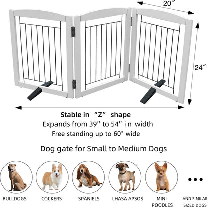 ZJSF Freestanding Dog Fence Indoor, Foldable Dog Gate for Doorways, Stairs or Hallways, Sturdy Wood Extra Wide Pet Gate with Support Feet for The House, White, 24 "Height-3 Panels