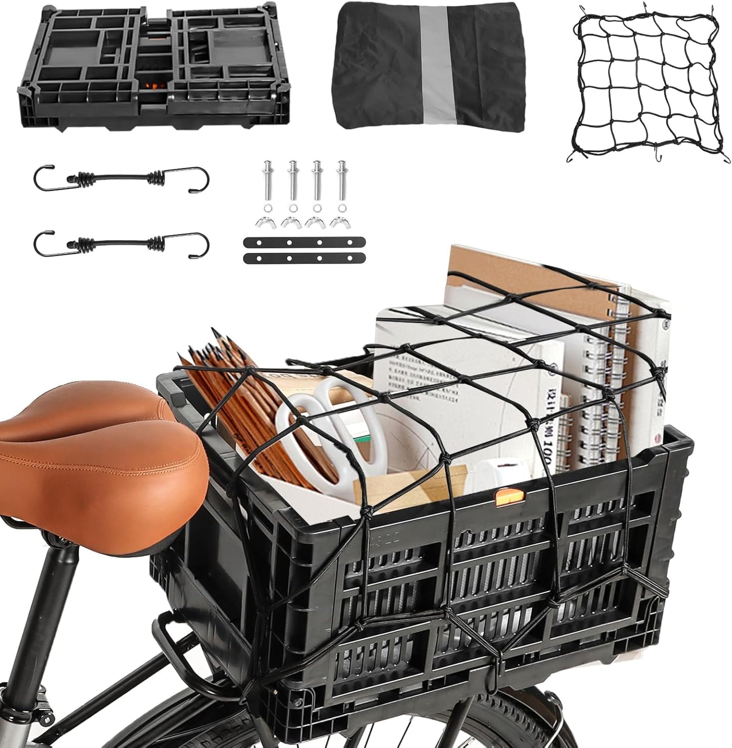 Rear Bike Basket, Foldable Rear Rack Bicycle Basket with Mesh Pocket Waterproof Cover Reflective Strip for Adult Bikes Easy to Assemble and Carry for Pets Fruit