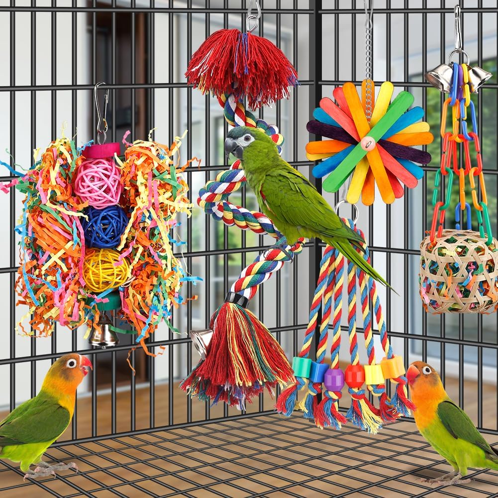 Bird Toys Rope Perch with Bell Colorful Bird Chewing Shredding Foraging Toys Parrot Swing Climbing Standing Hanging Toys Cage Accessories for Conure Cockatiel Budgies Lovebird