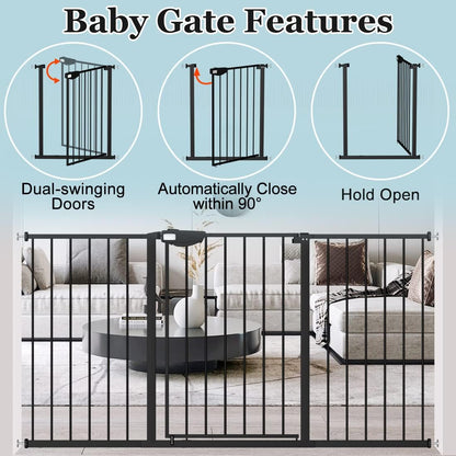 WAOWAO Triple Lock Baby Gate Extra Wide 76.77-81.49" Pressure Mounted Walk Through Swing Auto Close Safety Black Metal Dog Pet Puppy Cat for Stairs,Doorways,Kitchen
