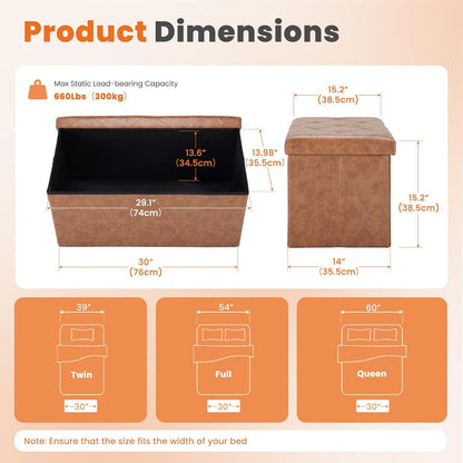 Sweetcrispy 30 Inches Folding Ottoman with Storage Bench, Foot Rest Stool, End of Bed Storage Bench Upholstered, Load 660 lbs, for Living Room, Synthetic Leather, Brown