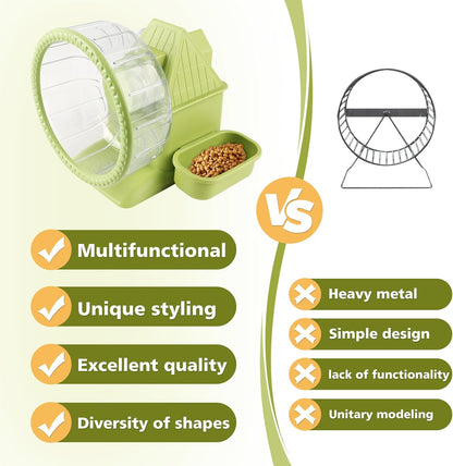 4 in 1 Silent Large Hamster Wheel Multifunctional Hamster Running Wheel Quite Running Spinner Wheel Accessories with Food Bowl Water Bottle for Hamsters Dwarf Gerbil (Green)
