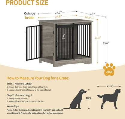 27.2" Dog Crate Furniture with Barn Door, Heavy Duty Dog Kennel Indoor with 2 Doors, Wooden Pet Cage End Table for Small Medium Dogs up to 22 lb, Anti-Chew Anti-Escape, Greige DFC84305B