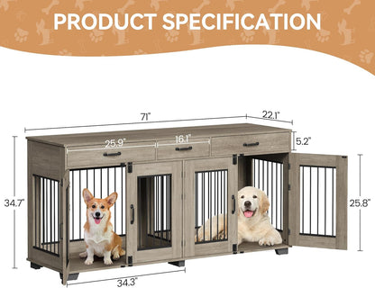 71 in Dog Crate Furniture for 2 Dogs, Wooden Double Dog Crate with 3 Drawers and Removable Room Divider, XXL Indoor Dog Kennel TV Stand End Table with Double Doors for Large Medium Dogs, Grey