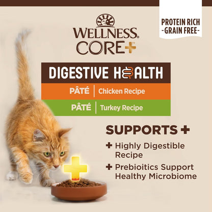 Wellness CORE+ Digestive Health Pate Adult Wet Cat Food, Natural, Protein-Rich, Grain Free, 3 Ounce, 12 Pack (Chicken & Turkey Variety Pack)
