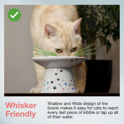 Necoichi Raised Cat Food Bowl – Ceramic Elevated Cat Bowl for Whisker & Neck Fatigue, Dishwasher Microwave Safe – Non-Slip & Anti Vomiting Ergonomic Design (Colorful Dots, Extra Wide)