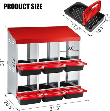 Chicken Nesting Box 2-Tier Galvanized Steel 6 Holes Nesting Boxes for Chickens Durable & Weather-Resistant Chicken Egg Laying Box Holds Up to 30 Hens with Removable Tray for Easy Cleaning