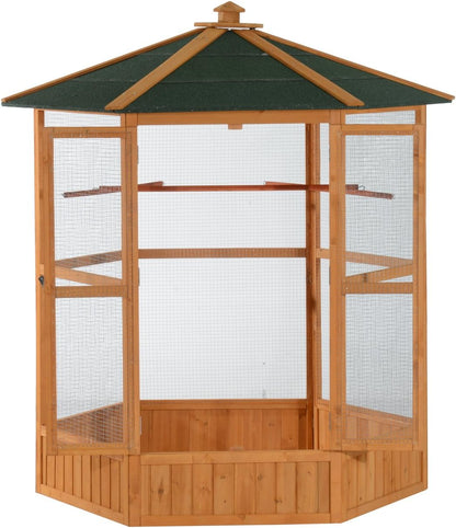 PawHut 69" Large Wooden Hexagonal Outdoor Aviary Flight Bird Cage with Covered Roof, Brown