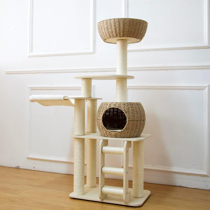 54 Inch Cat Tree for Indoor Cats, Tall Wooden Cat Tower with Scratching Posts, Rattan Condo and Perch, Multi-Level Cat Climber, Stylish Pet Furniture