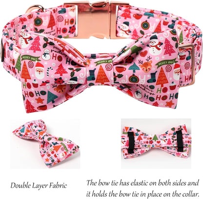 Lionet Paws Christmas Dog Collar with Bow tie,Cute Ho Christmas Tree Snowman Pink Dog Collar Bow Tie for X-Large Dogs Female, Neck 16-26 inches