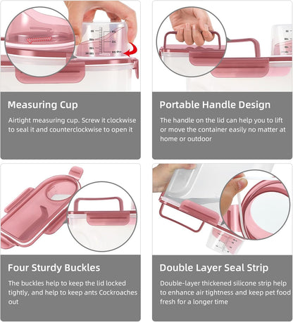 Dog Food Storage Container, Upgraded Large Nozzle BPA-free, 8-12 LBS Plastic Pet Food Storage Containers, With 4 Sealed Clasps, 1 Measuring Cup and Handle (2, Clear Pink, (3L+5L))