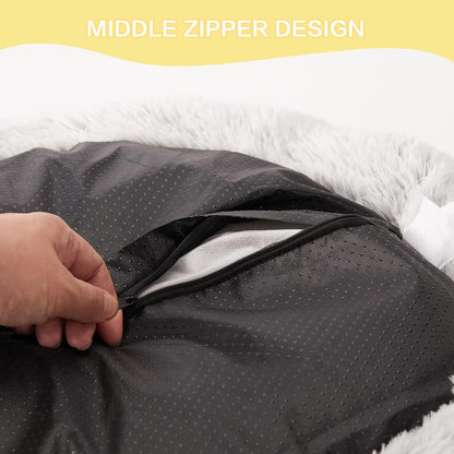 Bedfolks Calming Donut Dog Bed, 23 Inches Round Fluffy Dog Beds for Small Dogs, Machine Washable Anti-Anxiety Plush Puppy Bed（Light Grey, Small）