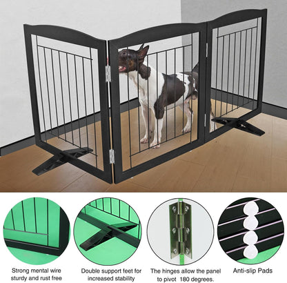 ZJSF Freestanding Dog Fence Indoor, Foldable Dog Gate for Doorways, Stairs or Hallways, Sturdy Wood Extra Wide Pet Gate with Support Feet for The House, Black, 24 "Height-3 Panels
