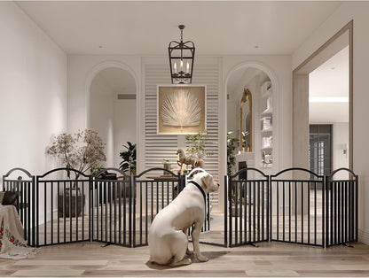 BHG Metal No-Assembly Freestanding Dog Gate with Door Walk Through, Extra Wide 96", Extra Tall 32" Pet Gate, Accordion Puppy Folding Playpen Dog Fence, with 2PCS Support (Black, 8 Panels)