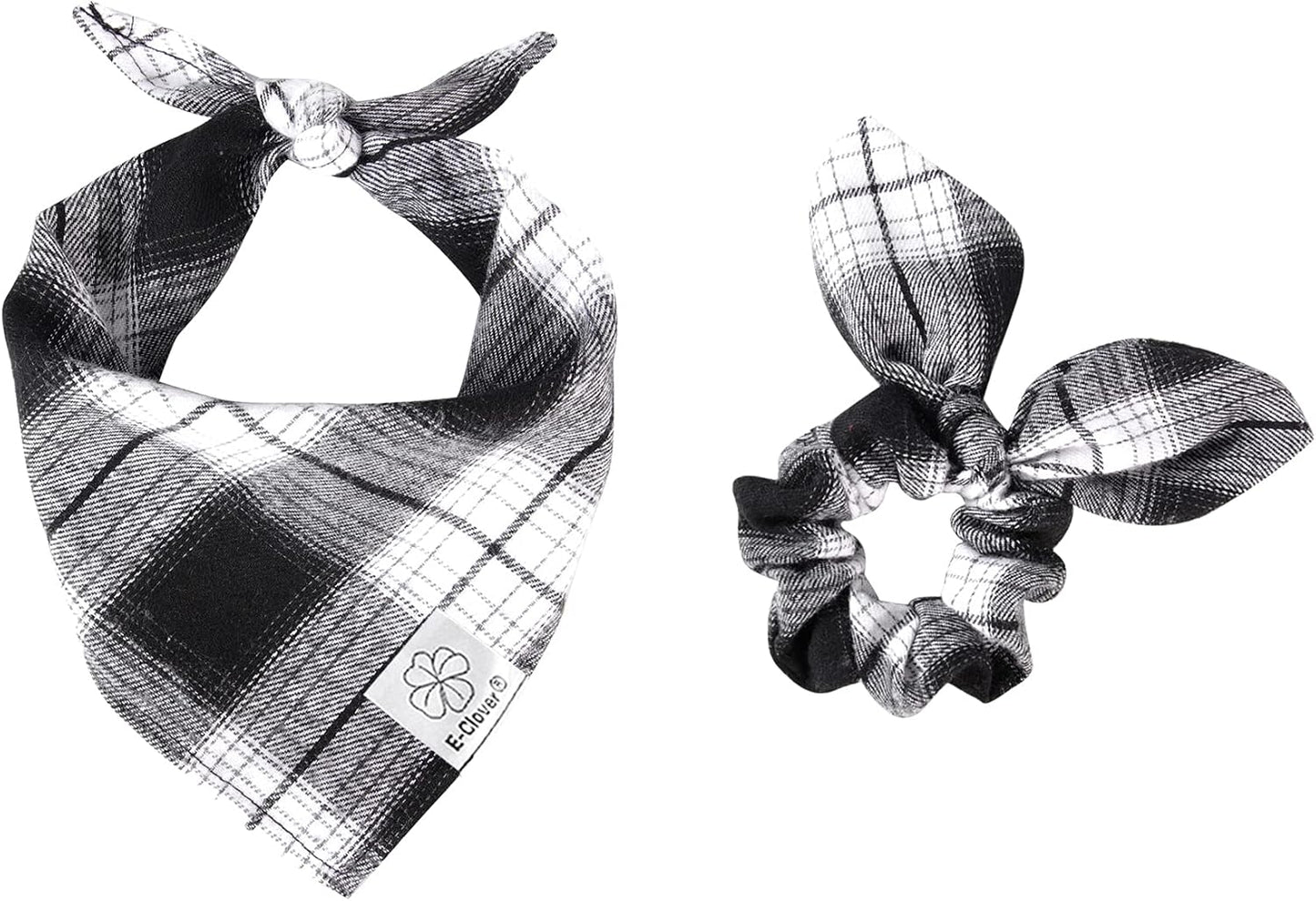E-Clover Plaid Dog Scarf & Matching Scrunchie Set - Triangle Pet Bandana Bibs for Small Dog Puppy Owner Birthday Gifts - Black & White