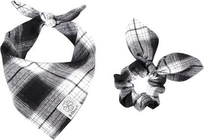 E-Clover Plaid Dog Scarf & Matching Scrunchie Set - Triangle Pet Bandana Bibs for Small Dog Puppy Owner Birthday Gifts - Black & White