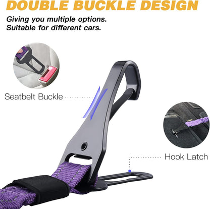 AUBELL Dog Seat Belt for Car,2 Pack Set 3-in-1 Adjustable Reflective Bungee Heavy Duty Dog Car Harness Tether with Clip Hook Latch & Buckle,Swivel Zinc Alloy Carabiner,Black+Purple