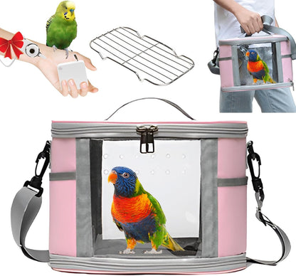 Bird Travel Carrierm, Small Bird Travel Backpack Carrier Cage with Tray and Breathable Clear Window, for Parakeet Cockatiel Budgies, for Camping Hiking (Small-Pink)