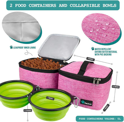 PetAmi Dog Travel Bag - Travel Pet Organizer with Food Container and Bowls, Perfect for Weekend Camping, Cat Diaper Bag (Pink, Large)